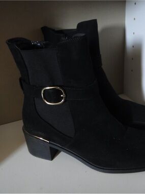 Rock & Candy Black Suede Ankle Booties with Gold Buckle